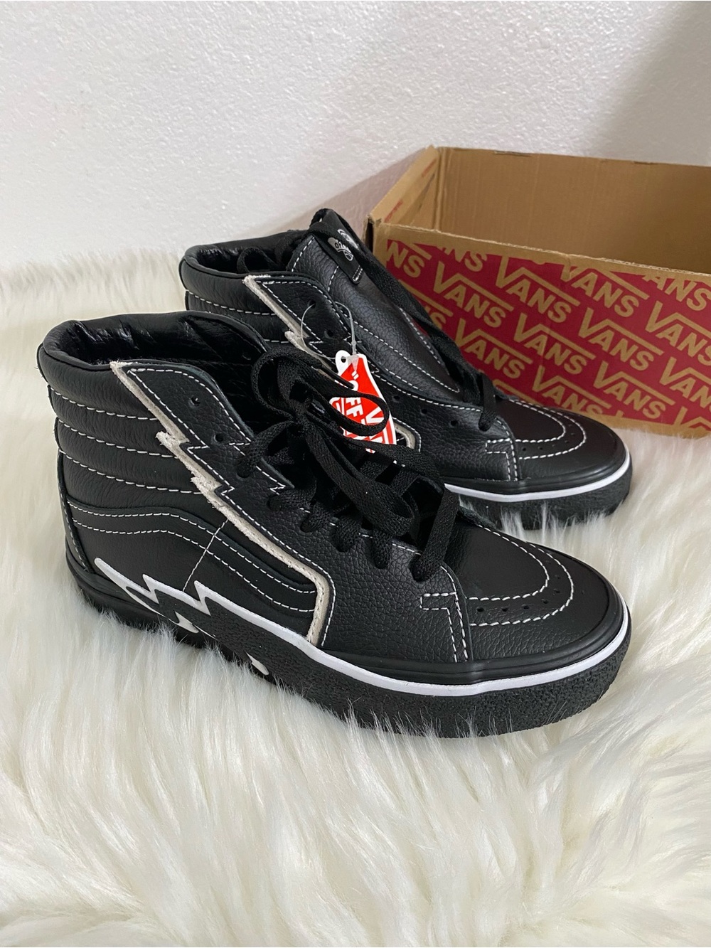 NEW Vans Black High-Top Sneakers with White Lightning Accent